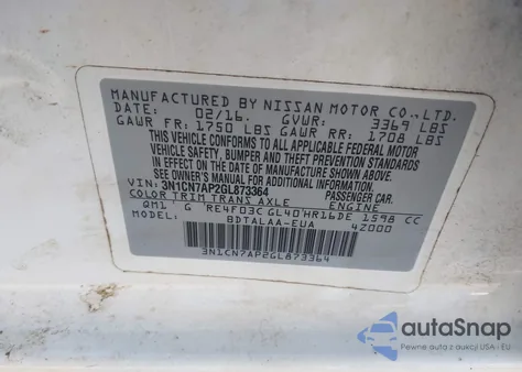 2016 Nissan Versa 1.6 S z USA, uszkodzony, nr VIN 3N1CN7AP2GL873364